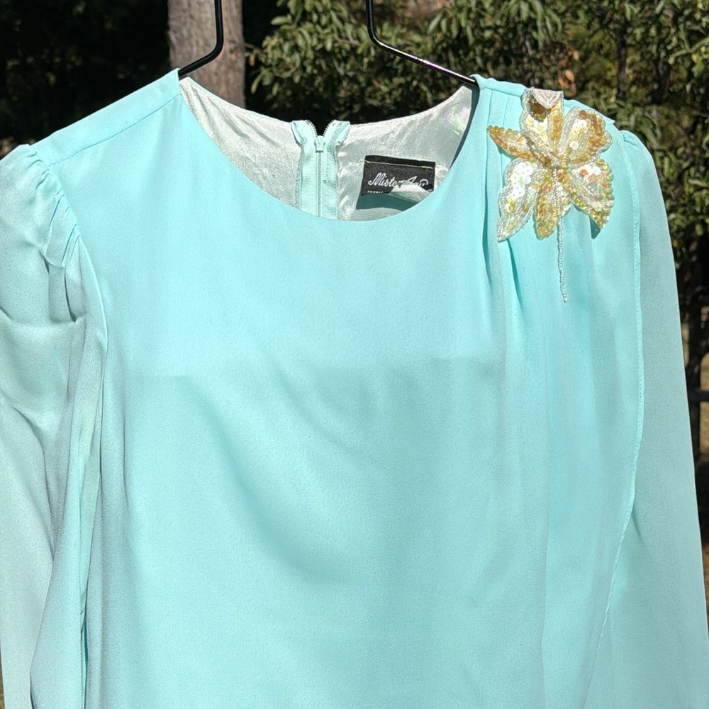 Vintage Mr Jay 1980s dress 10 Mint Green Flowy Appliqué